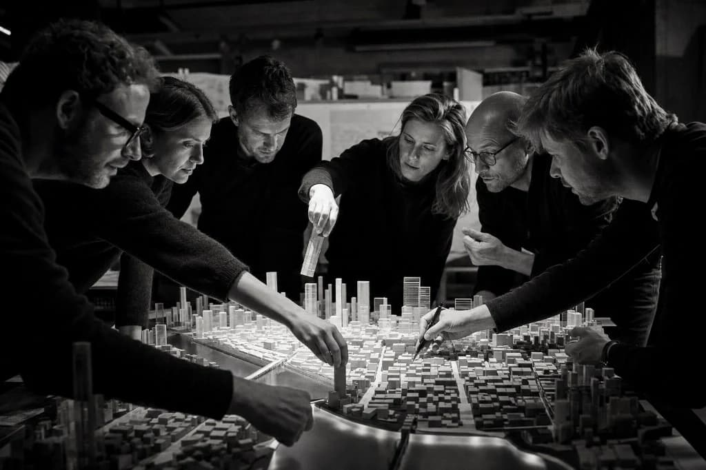 Six architects lean over a glowing city model in a dark studio, lifting blocks and tracing streets as they debate the layout