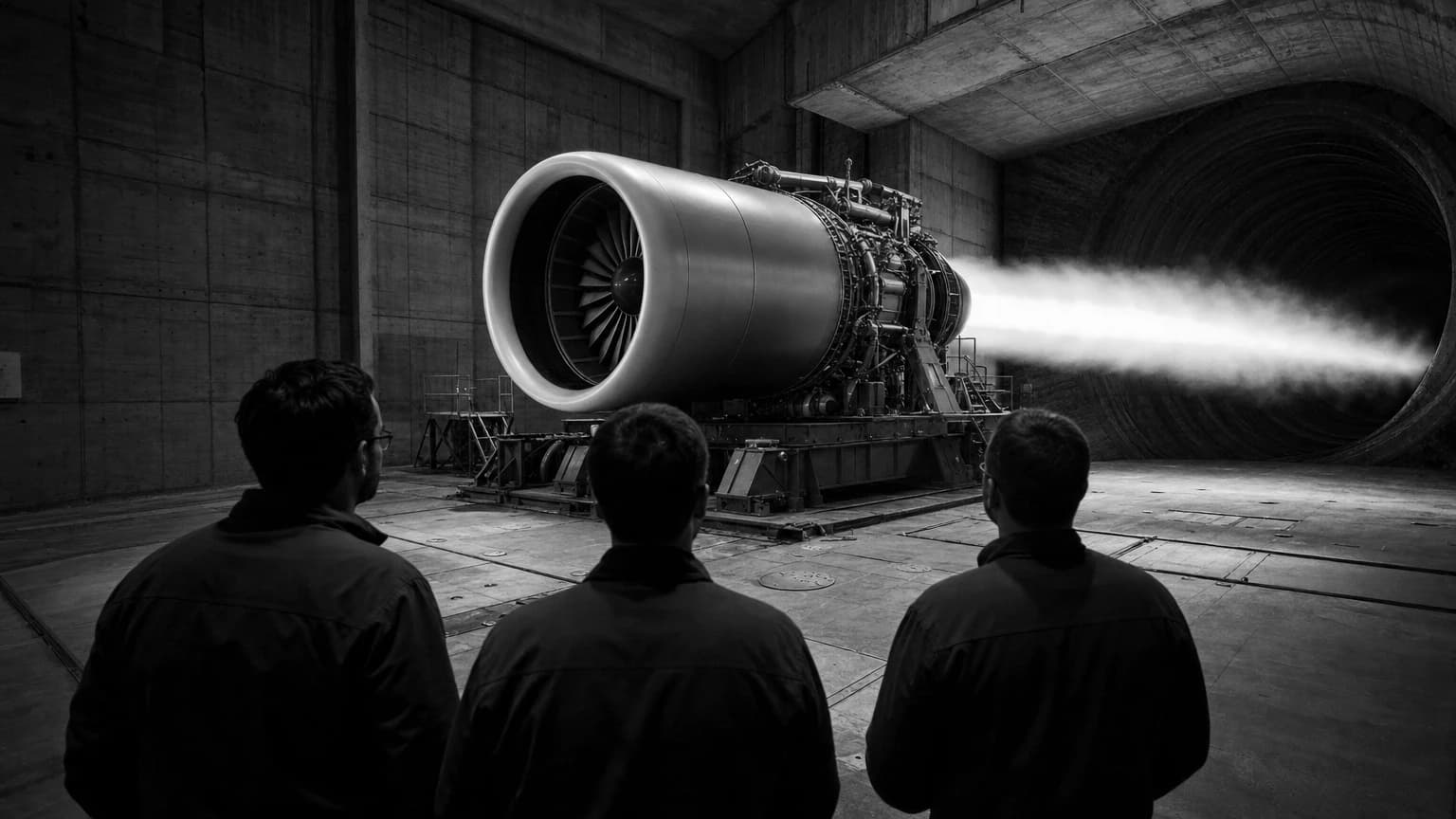 Three silhouetted engineers stand on the floor of a dark concrete test cell, watching a futuristic jet engine fire on a test stand as its exhaust streams into a blast duct